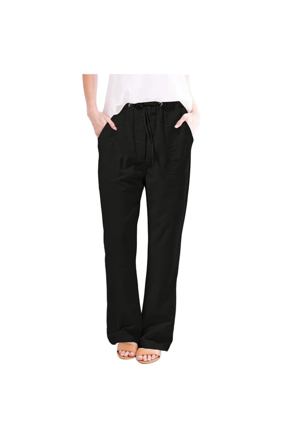 Womens Fashion Cargo Pants Women Casual Cotton Hemp Drawstring Solid Color Beach Trousers Plus Size Womens Pants Black 5X