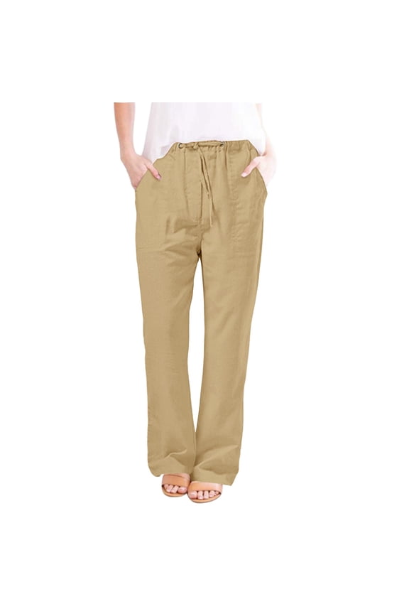 Womens Fashion Cargo Pants Women Casual Cotton Hemp Drawstring Solid Color Beach Trousers Plus Size Womens Pants Khaki 3X
