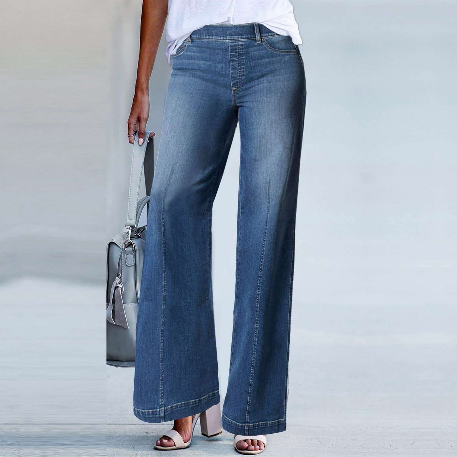 EKOUSN Womens Fashion Cargo Pants Women Seamed Front Wide Leg Jeans Elastic  Waist Stretch Denim Flare Jeans High Waisted Jean Bell Bottom Jeans