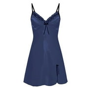EKOUSN Womens Fashion Shapewear Full Figure Bras T-Shirt Bras Dress Satin Slip Silk Bow Solid Color Sexy Sleepwear Lingerie Dress Blue 1X