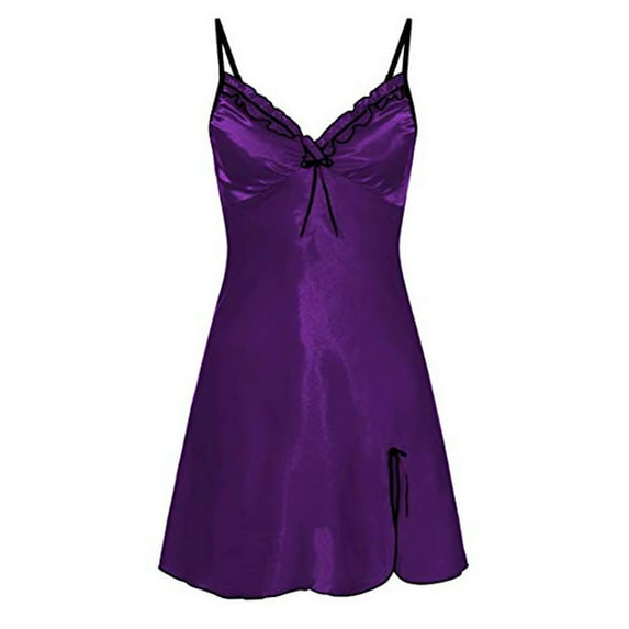 EKOUSN Womens Fashion Shapewear Full Figure Bras T-Shirt Bras Dress Satin Slip Silk Bow Solid Color Sexy Sleepwear Lingerie Dress Dark Purple L
