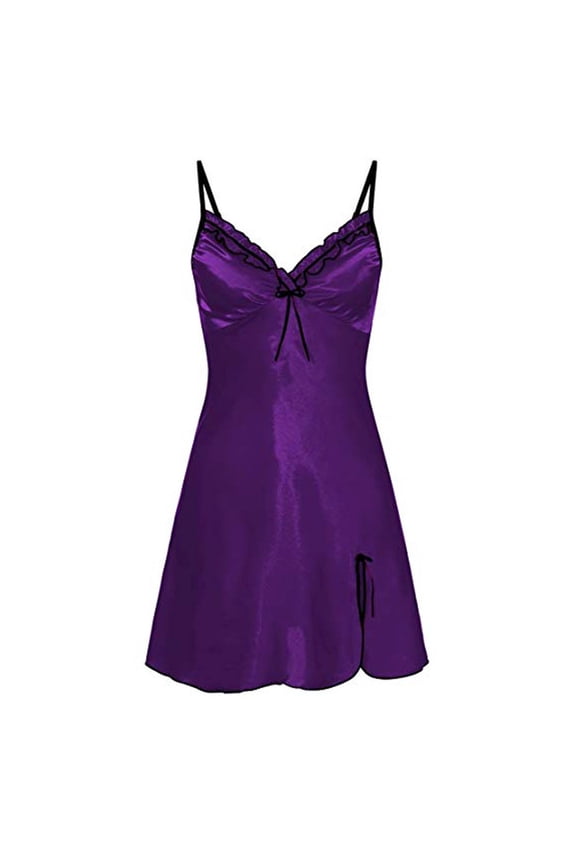Womens Fashion Shapewear Full Figure Bras T-Shirt Bras Dress Satin Slip Silk Bow Solid Color Sexy Sleepwear Lingerie Dress Dark Purple S