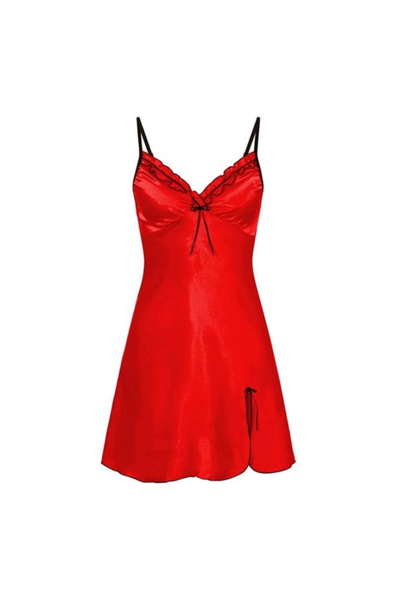 Womens Fashion Shapewear Full Figure Bras T-Shirt Bras Dress Satin Slip Silk Bow Solid Color Sexy Sleepwear Lingerie Dress Red 3X