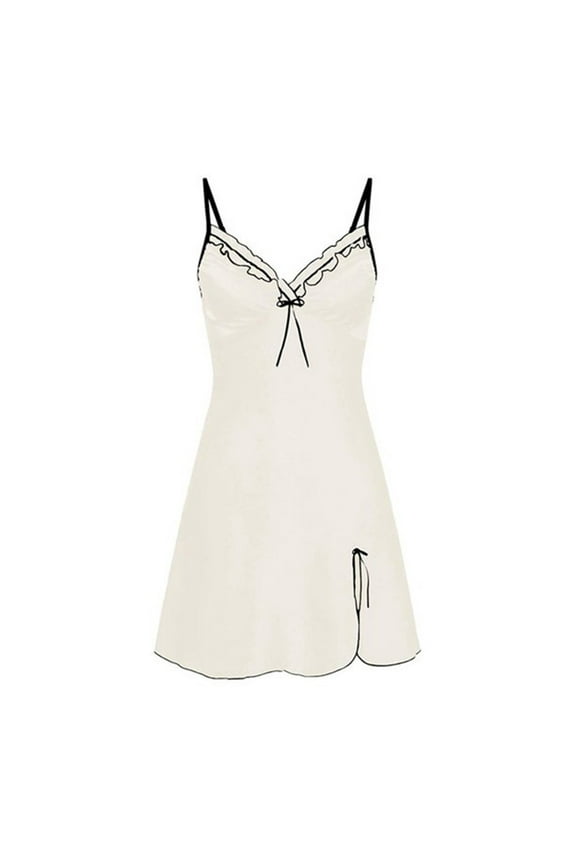 EKOUSN Womens Fashion Shapewear Full Figure Bras T-Shirt Bras Dress Satin Slip Silk Bow Solid Color Sexy Sleepwear Lingerie Dress White L