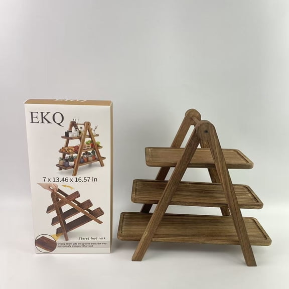 EKQ Tiered food rack,Wood 3 Tier Serving Tray Three Tiered Cupcake Stand, Rectangle Serving Platter Wooden Farmhouse, Party Serving Brown Decorative Tray Decor