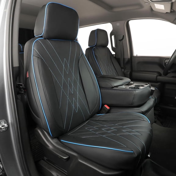 EKR Silverado Seat Covers Custom Fit for 2014-2018 Chevrolet Silverado 1500 Crew Cab & HD 2500/3500 Crew CabWT/LS/LT/LT/High Country/Custom, Rear Seat with Armrest ,Leather (Black with Blue Trim)