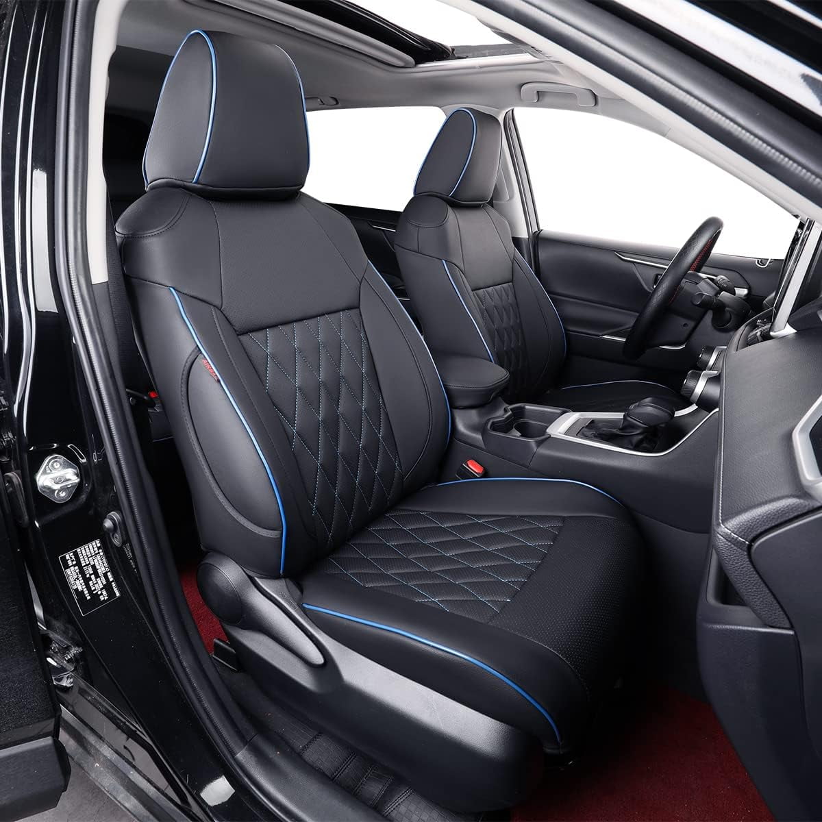 EKR Custom Fit Corolla Car Seat Covers for Toyota Corolla L LE 2020 2021 2022 Full Set Leather Auto Seat Covers(Black with Blue Trim)