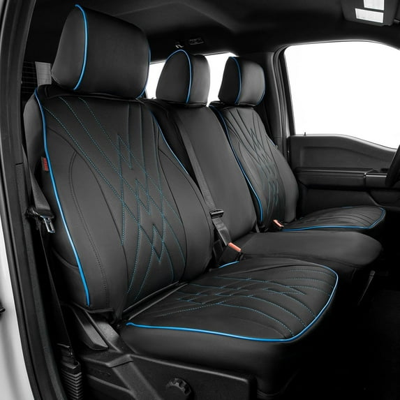 EKR Custom Fit F150 Car Seat Covers for 2021-2026 Ford F150 SuperCrew Lariat & 2023-2026 F250/F350/F450 SuperDuty CrewCab Lariat - Full set Leather (Black with Blue Trim)