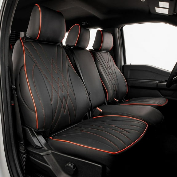 EKR Custom Fit F150 Car Seat Covers for 2021-2026 Ford F150 SuperCrew Lariat & 2023-2026 F250/F350/F450 SuperDuty CrewCab Lariat - Full set Leather (Black with Red Trim)