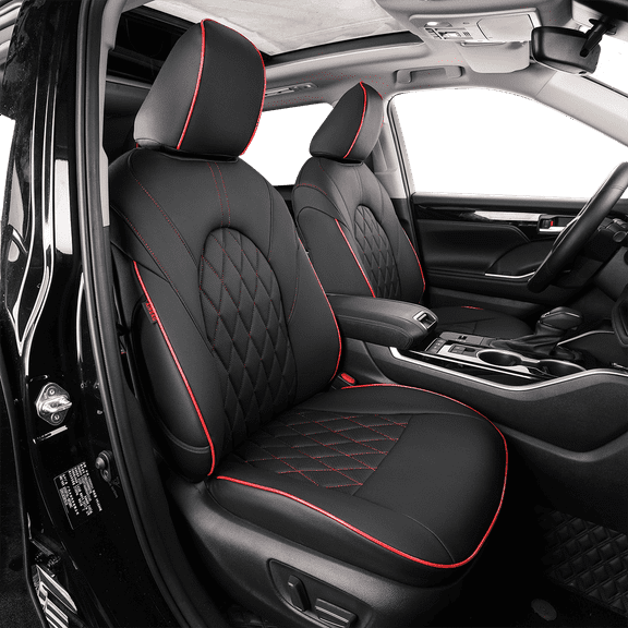 EKR Custom Fit Grand Highlander Car Seat Covers for Select Toyota Grand Highlander 2024,Three Rows,Second Row Captain Chair, 7 Seats,Leather (Black with Red Trim)