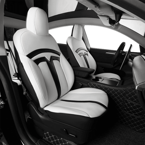 EKR Custom Fit Model Y Car Seat Covers for Tesla Model Y 2020 2021 2022 2023 2024 2025 - Full Set Leather 5-Seater Saver (Black/White)
