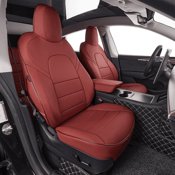 EKR Custom Fit Model Y Car Seat Covers for Tesla Model Y 2020 2021 2022 2023 2024 2025 - Full Set Leather 5-Seater Saver (Burgundy)