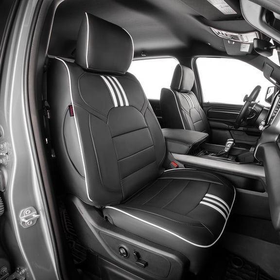 EKR Custom Fit RAM 1500 Car Seat Covers for 2019-2025 RAM 1500 Tradesman & 2026 Express Crew Cab -Seat Cover for Pickup Trucks Full Set Waterproof Leather(Black with White)