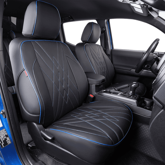 EKR Custom Fit RAM Car Seat Covers for 2015 2016 2017 2018 2019 2020 2021 2022 2023 RAM 2500/3500 Mega Cab Laramie(4 Doors,2 Row)- Full Set Leather(Black with Blue Trim)