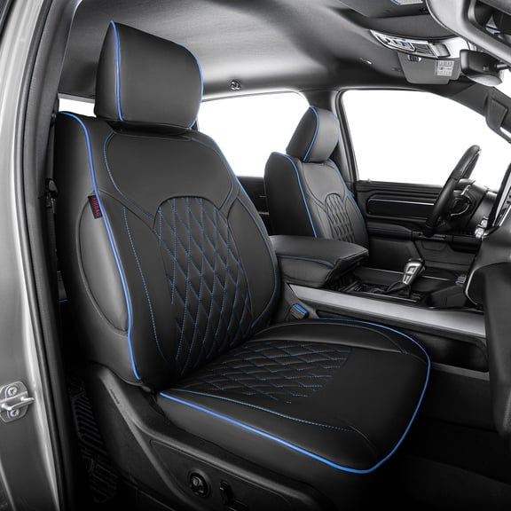 EKR Custom Fit RAM 1500 Car Seat Covers for 2019-2026 RAM 1500 Crew Cab Big Horn/Rebel/Tradesman/Lone Star -Seat Cover for Pickup Trucks Full Set Waterproof Leather(Black/Blue Trim)