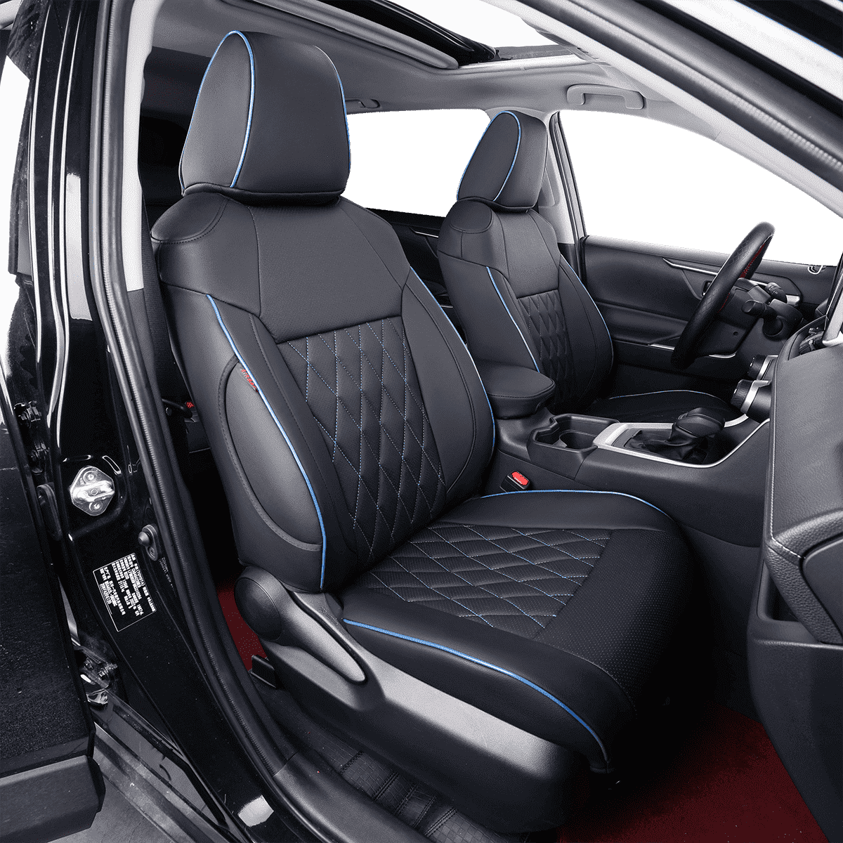 EKR RAV4 Car Seat Covers for 2019-2025 RAV4 Hybrid/Prime SE,XSE & 2025 RAV4 PHEV SE, XSE, Leather Truck Seat Cover Full Set for SUV,Faux Leather(Black with Blue Piping)