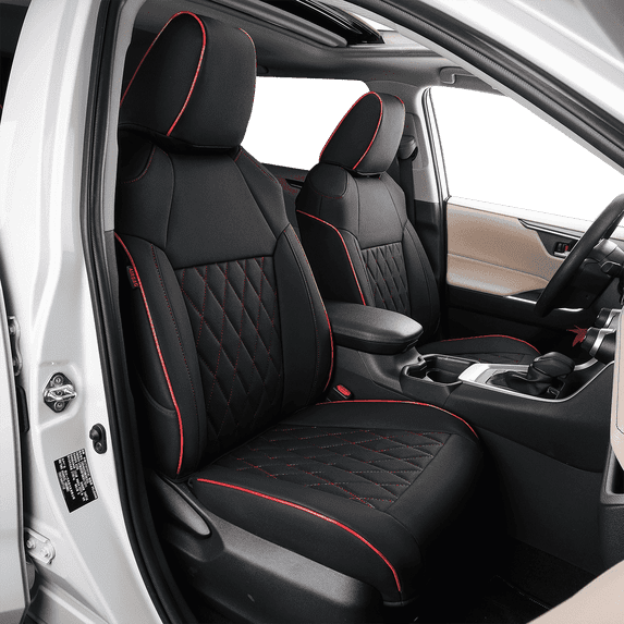 EKR Custom Fit RAV4 Car Seat Cover for 2019 2020 2021 2022 2023 2024 2025 Toyota RAV4 Hybrid SE,XSE,2025 RAV4 PHEV SE,XSE, 2021-2024 RAV4 Prime SE,XSE Full Set,Leather(Black with Red Trim)