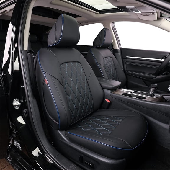 EKR Custom Fit Sentra Car Seat Covers Full Set for Select Nissan Sentra SV,SR,S 2020 2021 2022 - Leatherette Car Seat Cushions (Black with Blue Piping)