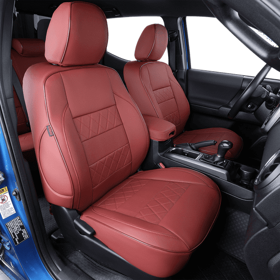EKR Custom-Fit Tacoma Leather Car Seat Covers for Toyota Tacoma Double Cab/Crew Cab 2016-2023 Waterproof -Full Set,Leather(Burgundy)