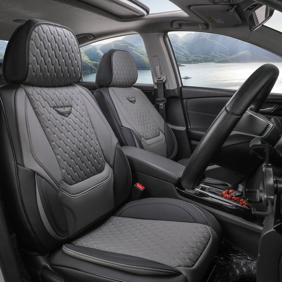 EKR Semi-Custom Front Rear Car Seat Covers, Waterproof Premium Leather Seat Cushions, 5-Seat Auto Interior Protectors Universal Fit Most Cars, Suvs, for Toyota Honda Nissan Kia Hyundai Gray