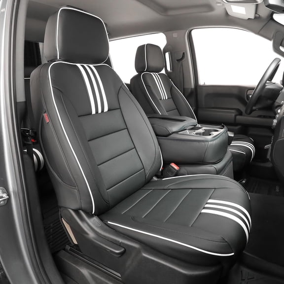 EKR Silverado Seat Covers Custom Fit for 2014-2018 Chevrolet Silverado 1500 Crew Cab & HD 2500/3500 Crew CabWT/LS/LT/LT/High Country/Custom, Rear Seat with Armrest ,Leather(Black with White Trim)