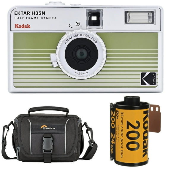 Kodak EKTAR H35N Half Frame Film Camera, Striped Green, Bundle with Kodacolor Gold 200 35mm Color Negative Roll Film, 24 Exposure and Shoulder Bag