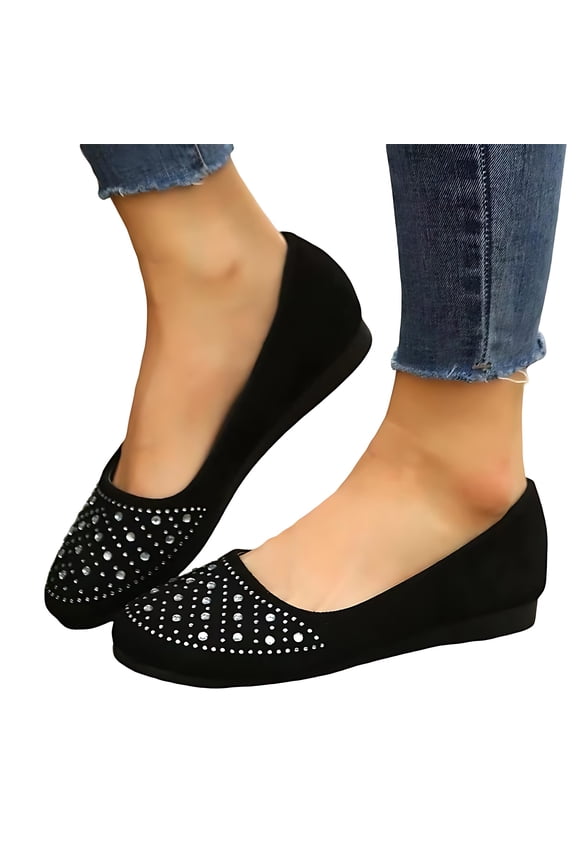 Women's Rhinestone Studded Flats, Round Toe Slip-On Casual Flats, Daily Low Heel Walking Flat Pumps for Elderly Black