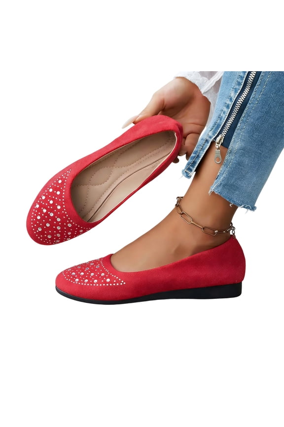 Women's Rhinestone Studded Flats, Round Toe Slip-On Casual Flats, Daily Low Heel Walking Flat Pumps for Elderly Red
