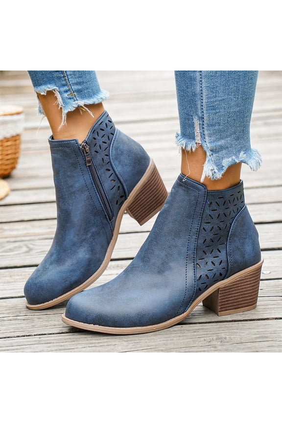 Ankle Booties for Women Cutout Casual Low Heeled Ankle Boots Comfortable Chunky Heel Dressy Booties Side Zipper Elegant Walking Short Boots