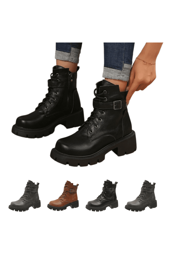 Boots for Women Round Toe Lace‑Up Platform Combat Boots, Buckle Strap Side Zipper Ankle Booties, Chunky Non‑Slip Casual Fashion Walking Shoes