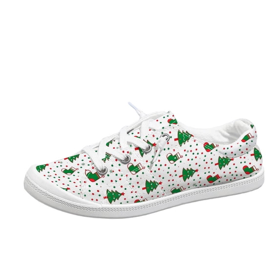 EKVAHL Christmas Lace Up Sneakers For Women, Seasonal Printed Canvas Shoes, Flat Daily Holiday Walking Shoes Great For City Strolls Green