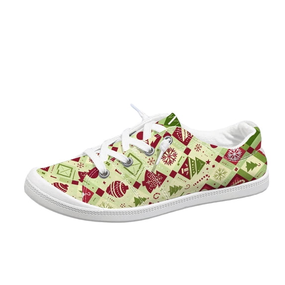 EKVAHL Christmas Lace Up Sneakers For Women, Seasonal Printed Canvas Shoes, Flat Daily Holiday Walking Shoes Great For City Strolls Green