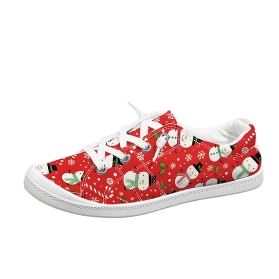 EKVAHL Christmas Lace Up Sneakers For Women, Seasonal Printed Canvas Shoes, Flat Daily Holiday Walking Shoes Great For City Strolls Red