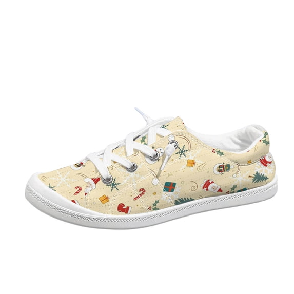 EKVAHL Christmas Lace Up Sneakers For Women, Seasonal Printed Canvas Shoes, Flat Daily Holiday Walking Shoes Great For City Strolls Yellow