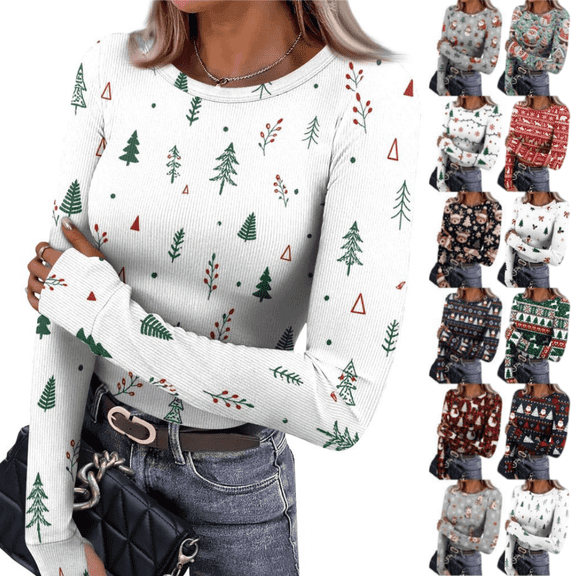 EKVAHL Christmas Tops for Women Cute Xmas Patterned Ribbed Knit Tops Long Sleeve Crewneck Holiday Shirts Funny Stretch Basic Layer Undershirts, Blue 2XL