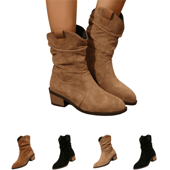 EKVAHL Cowboy Boots For Women Slouchy Low Heel Faux Suede Chunky Heel Ankle Boots Round Toe Short Boots Fashion Retro Fall Winter Comfortable Slip-On Short Booties