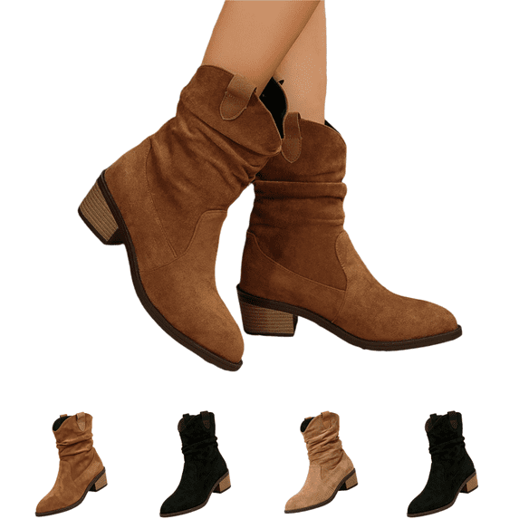 EKVAHL Cowboy Boots For Women Slouchy Low Heel Faux Suede Chunky Heel Ankle Boots Round Toe Short Boots Fashion Retro Fall Winter Comfortable Slip-On Short Booties