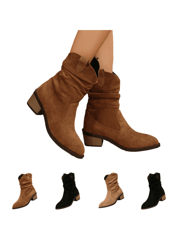 Cowboy Boots For Women Slouchy Low Heel Faux Suede Chunky Heel Ankle Boots Round Toe Short Boots Fashion Retro Fall Winter Comfortable Slip-On Short Booties