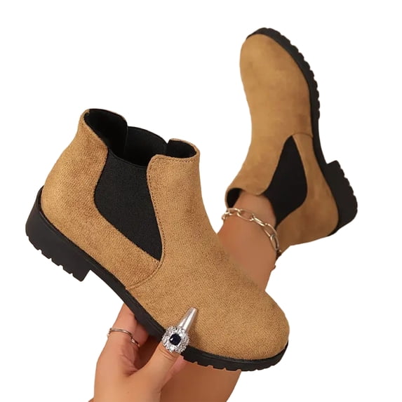 EKVAHL Fashion Short Booties For Women Low Heels Booties Slip On Elastic Fall Winter Short Boots Round Toe Casual Solid Suede Comfortable Bootie Outdoor Non-Slip Hiking Riding Boot Walking Shoes