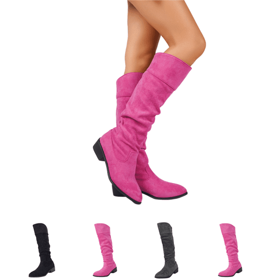 EKVAHL Faux Suede Knee High Boots for Women, Pointed Toe Low Block Heel Pull On Tall Boots, Vintage Ruched Casual Western Boots for Fall Winter