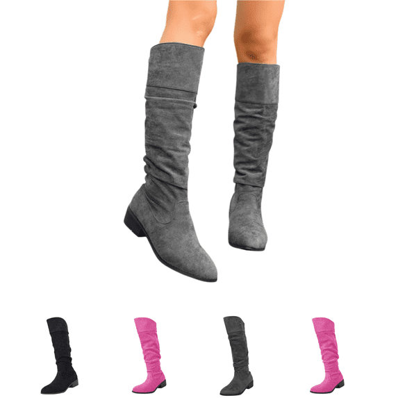 EKVAHL Faux Suede Knee High Boots for Women, Pointed Toe Low Block Heel Pull On Tall Boots, Vintage Ruched Casual Western Boots for Fall Winter