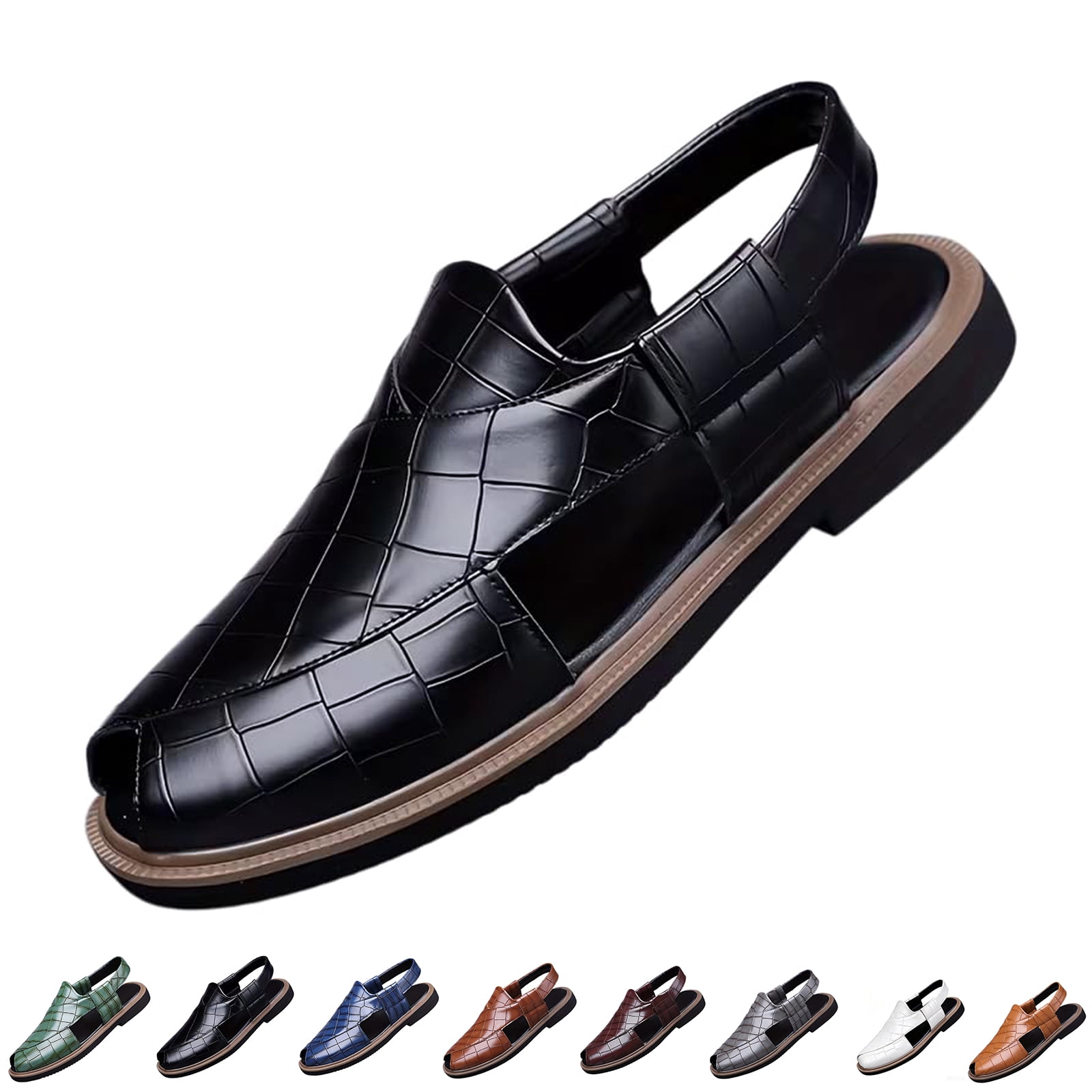 EKVAHL Fisherman Sandals for Men, Crocodile Embossed Slingback, Split-Toe Leather Sandals, Business Banquet Driving Vacation Shoes Black