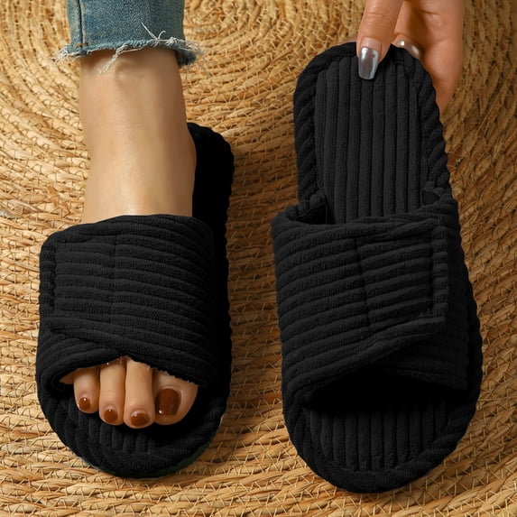 EKVAHL Flat Slippers for Women Open‑Toe Adjustable Strap House Slippers, Soft Plush Slide‑On Indoor Home Slippers Non‑Slip Sole Bedroom Shoes