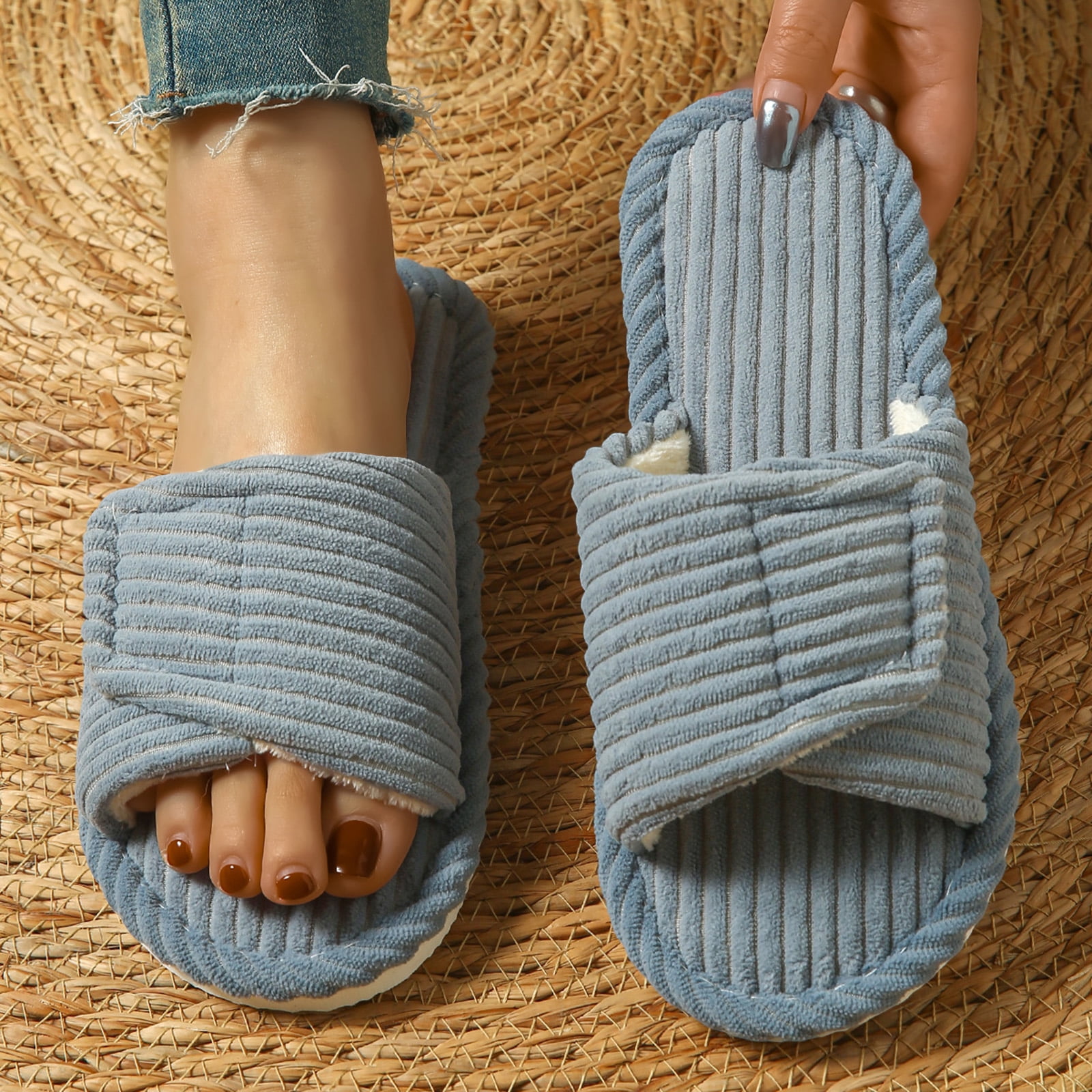 EKVAHL Flat Slippers for Women Open‑Toe Adjustable Strap House Slippers ...