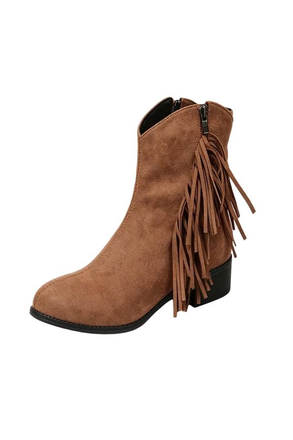 Fringe Mid Calf Boots for Women, Suede Side Zipper Chunky Low Heel Winter Booties, Tassel Decor Casual Daily Street Shoes Brown