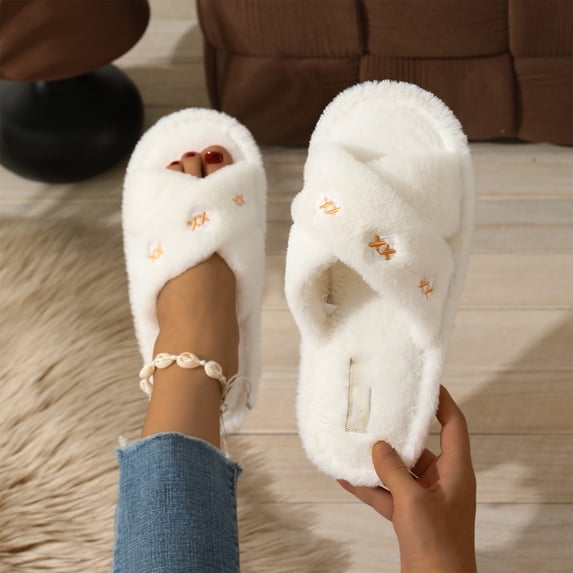 EKVAHL Fuzzy Open Toe Slippers for Women Indoor and Outdoor with Memory Foam Cozy Cross Band Women's Slipper Cute Soft House Shoes