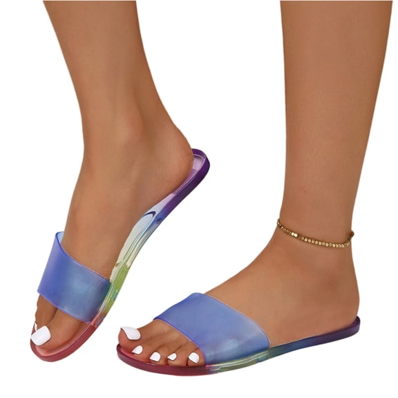 EKVAHL Gradient Jelly Slide Sandals Women Open Toe Slip-On Flat Mules-Clear PVC Summer Beach Shoes for Women-Single Strap for Poolside & Vacation Trips Blue