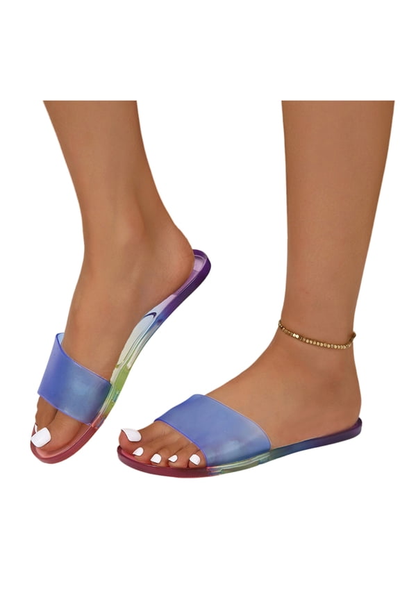 Gradient Jelly Slide Sandals Women Open Toe Slip-On Flat Mules-Clear PVC Summer Beach Shoes for Women-Single Strap for Poolside & Vacation Trips Blue
