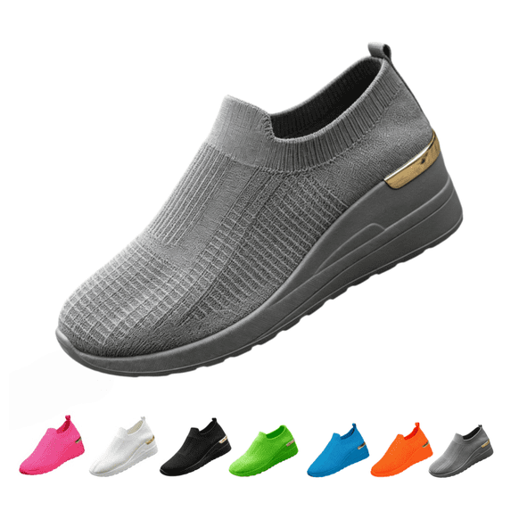 EKVAHL Knit Wedge Sneakers for Women, Breathable Mesh Slip-Ons, Orthopedic Arch Support Casual Tennis Shoes with Elastic Fit and Hidden Heel Gray