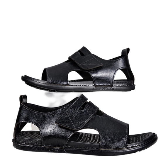 EKVAHL Leather Roman Sandals for Men, Breathable Open Toe Flat Walking Shoes, Non Slip Beach Outdoor Daily Casual Sandals Black